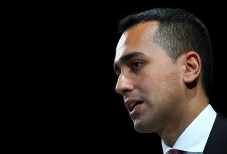 FILE PHOTO: Italian Minister of Labor and Industry Luigi Di Maio speaks at the Italian Business Association Confcommercio meeting in Rome, Italy, June 7, 2018. REUTERS/Tony Gentile