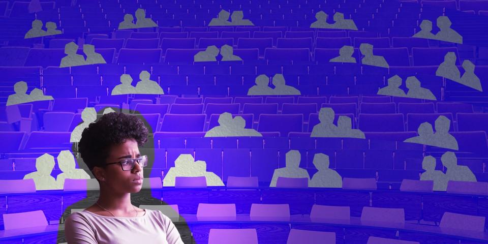 A college-age Black woman is seated in the foreground with a frustrated expression. Behind her are white silhouettes of couples.