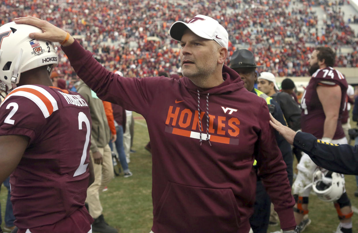 Virginia Tech’s Justin Fuente in much drier times. (Getty)