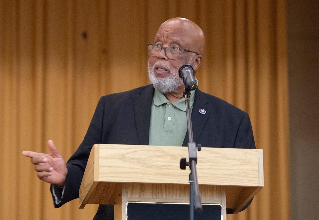 U.S. Rep. Bennie Thompson, D-Bolton, addresses residents of the south Delta gathered at a town meeting held in Rolling Fork, Miss., to address the decades-long failure to install the Yazoo Pumps to mitigate flooding Wednesday, Aug. 24, 2022.