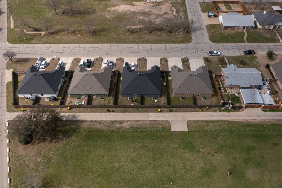 The former site of an apartment complex that was destroyed by the 2013 West Fertilizer Plant explosion is now lined with new houses on Feb. 11, 2023 in West, Texas.