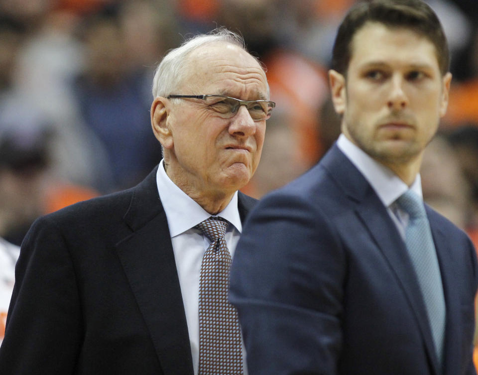 Syracuse coach Jim Boeheim waits for the team's NCAA college basketball game against Duke in Syracuse, N.Y., Saturday, Feb. 23, 2019. Three days after he accidentally hit and killed a pedestrian, Boeheim returned to the bench to loud applause prior to the Orange’s game against top-ranked Duke. (AP Photo/Nick Lisi)