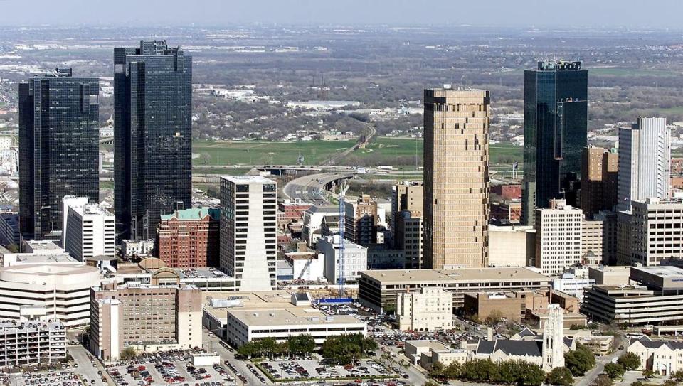 The Bank One Building (now The Tower) took a direct hit from a tornado that ripped through downtown Fort Worth in March 2000. This image was photographed from the KTVT-TV helicopter.