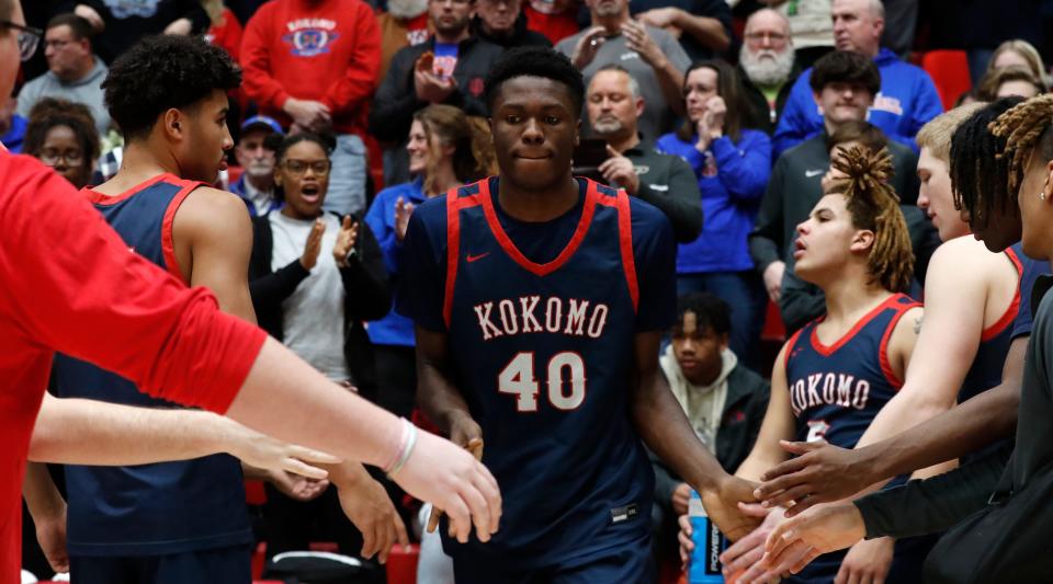 Kokomo Wildkats center Flory Bidunga (40) is announced into the starting lineup during the IHSAA boy’s basketball game against the Lafayette Jeff Bronchos, Friday, Jan. 27, 2023, at Lafayette Jeff High School in Lafayette, Ind. Kokomo won 49-43.