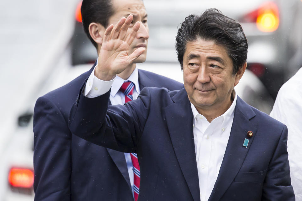 CHIBA, JAPAN - JULY 07: Japan's Prime Minister and ruling Liberal Democratic Party (LDP) President Shinzo Abe waves during an election campaign rally on July 7, 2019 in Chiba, Japan. Official campaigning for Japan's Upper House election kicked off on July 4 for the contest of 124 seats.  (Photo by Tomohiro Ohsumi/Getty Images)