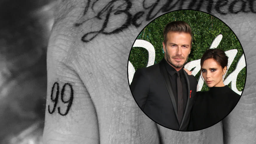 David Beckham's new tattoo. (David and Victoria, inset). Photo: Instagram/Getty