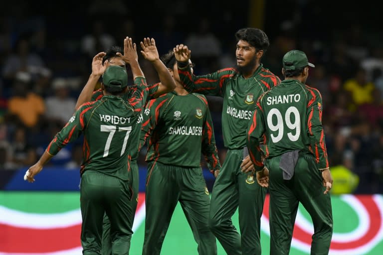 Bangladesh's players celebrates after the dismissal of Afghanistan's Ibrahim Zadran in their T20 World Cup clash on Monday (Randy Brooks)