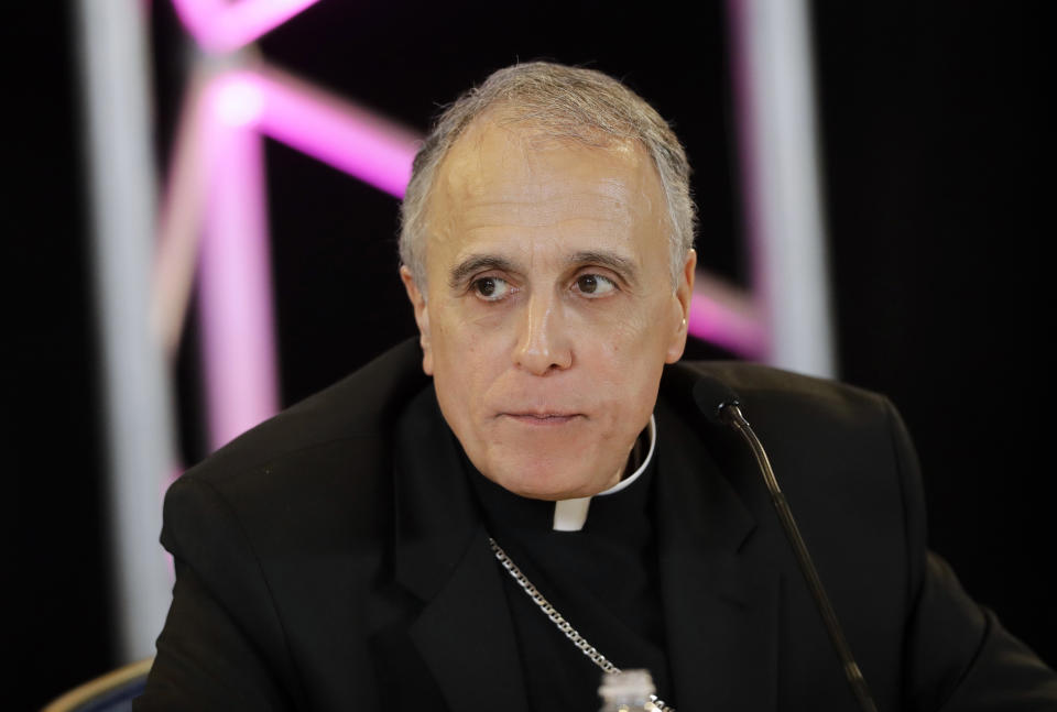 FILE - In this Nov. 15, 2016, file photo, Cardinal Daniel DiNardo of the Archdiocese of Galveston-Houston, the newly-elected president of the United States Conference of Catholic Bishops, speaks at a news conference at the USCCB's annual fall meeting in Baltimore. As U.S. Catholic leaders head to the Vatican to meet Pope Francis about a growing church abuse crisis, the cardinal leading the delegation, DiNardo, has been accused by multiple victims of not doing enough to stop a priest who was arrested this week on sexual abuse charges. (AP Photo/Patrick Semansky, File)