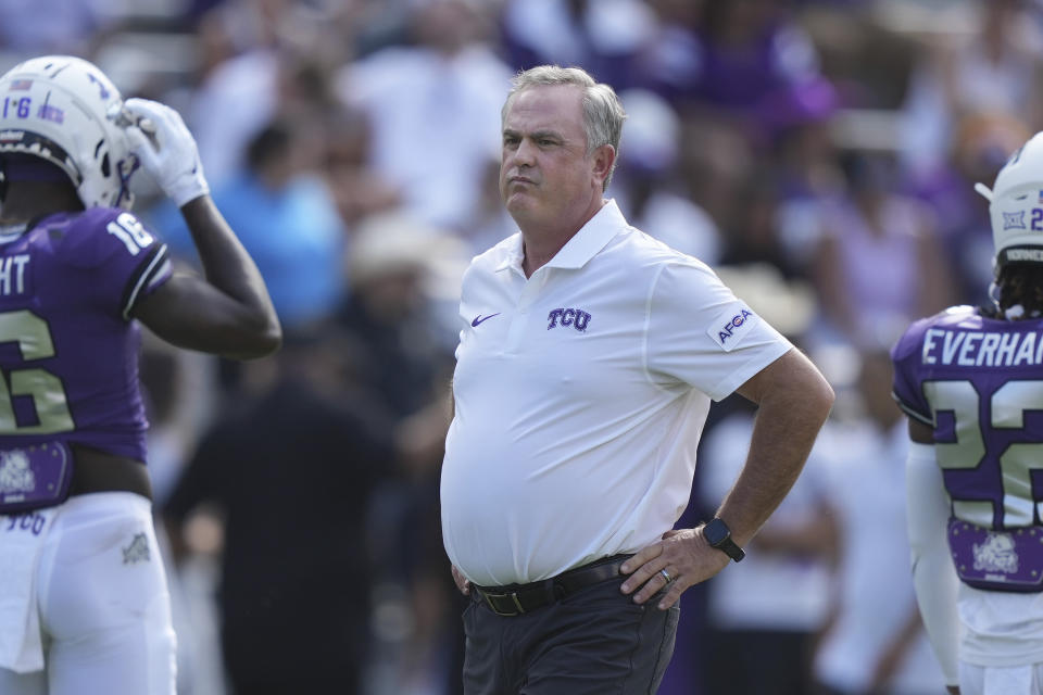 TCU head coach Sonny Dykes stands on the field during warmups before an NCAA college football game against Colorado Saturday, Sept. 2, 2023, in Fort Worth, Texas. (AP Photo/LM Otero)