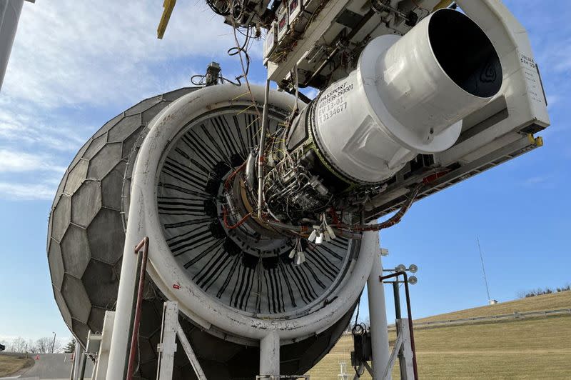 An engine being tested by GE Aerospace as part of a technology demonstrator project for hybrid electric engines is seen in this undated handout photo