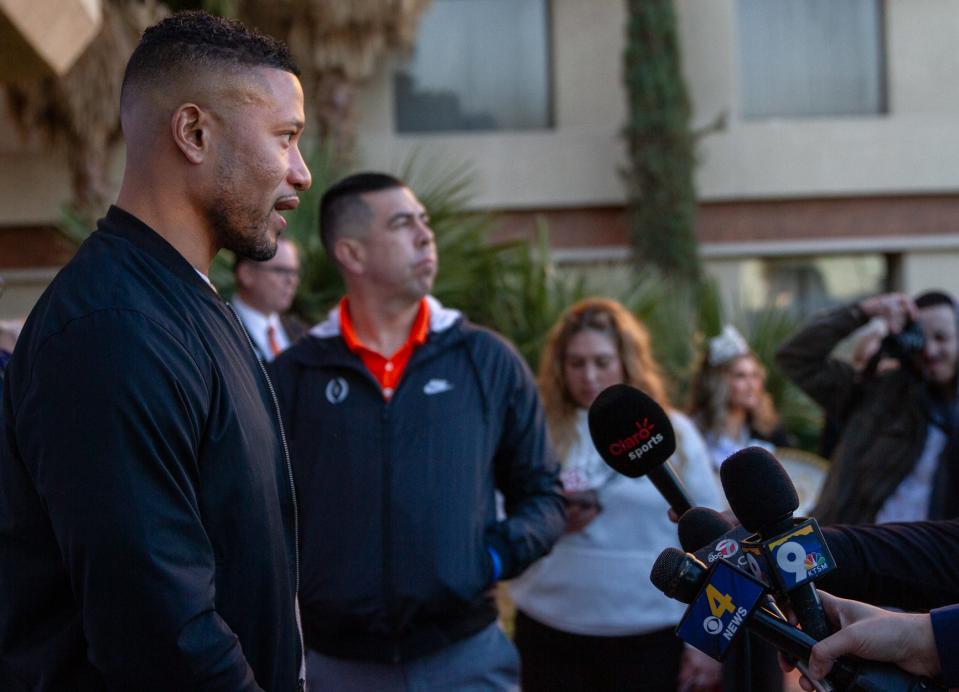 Notre Dame football Head Coach Marcus Freeman speaks to the news media on Christmas Eve on Sunday after arriving at the Marriott hotel in El Paso before the Sun Bowl game later this week.