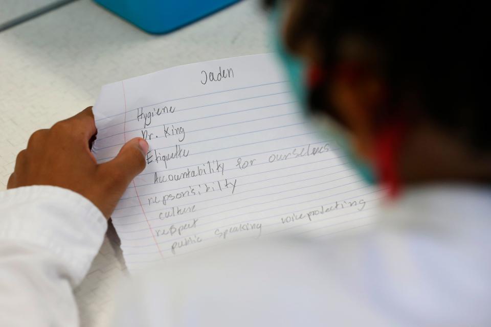 Barnett Shoals Elementary School students review what they've talked about over the school year during a Boys to Men school program meeting on Thursday, May 12, 2022. The Boys to Men program teaches young male students the importance of accountability, respect and responsibility.