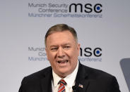 U.S. Secretary of State Mike Pompeo speaks on the second day of the Munich Security Conference in Munich, Germany, Saturday, Feb. 15, 2020. (AP Photo/Jens Meyer)