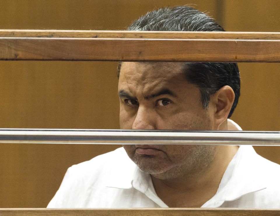 RESENT THEY ARE NOT POOL PHOTOS-Naasón Joaquín García, the leader of fundamentalist Mexico-based church La Luz del Mundo, appears in Los Angeles County Superior Court on Wednesday, June 5, 2019, before Judge Francis Bennett on charges of human trafficking and child rape. (AP Photo/Damian Dovarganes)