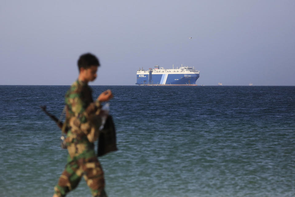 Houthis-seized Galaxy Leader ship anchored off Yemen coast, Hodeidah - 05 Dec 2023 (Yahya Arhab / EPA via Shutterstock)