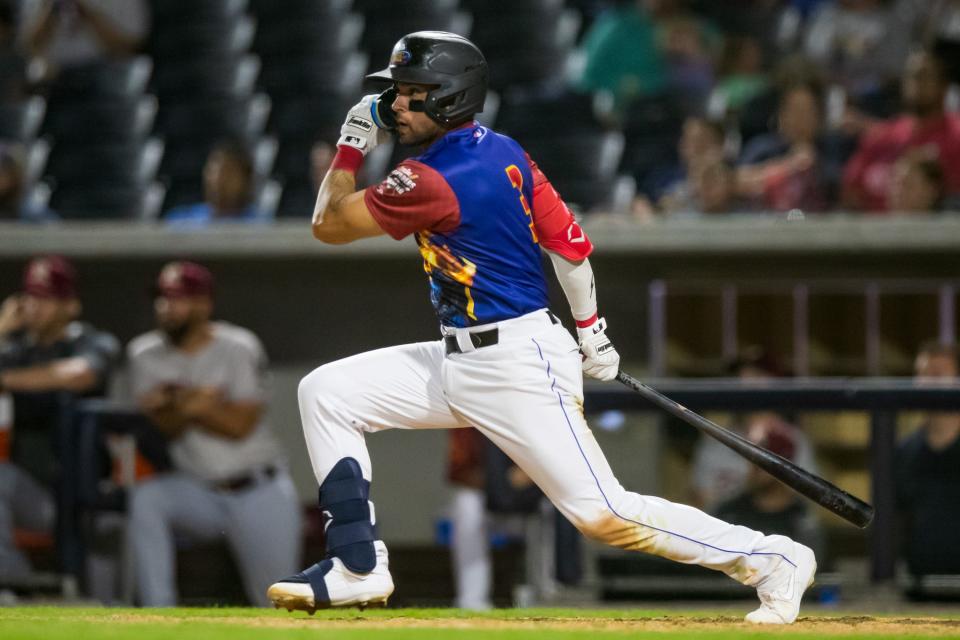 Amarillo Sod Poodles infielder Drew Stankiewicz (3) against the Frisco RoughRiders on Saturday, June 11, 2022, at HODGETOWN in Amarillo, Texas.