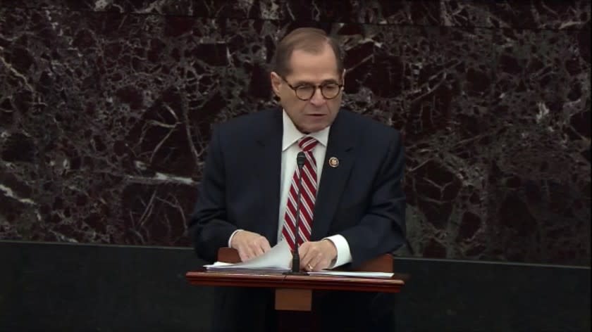 WASHINGTON, D.C., JANUARY 23, 2020: DAY3 : In this image from video, impeachment manager Rep. Jerold Nadler D-NY., speaks during the impeachment trial against President Donald Trump in the Senate at the U.S. Capitol in Washington, Thursday, Jan. 23, 2020. (Senate Television)