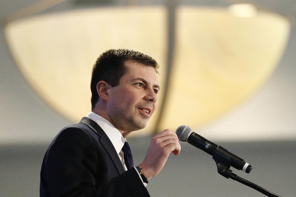 Democratic presidential candidate former South Bend, Ind., Mayor Pete Buttigieg speaks at the Iowa State Education Association Candidate Forum, Saturday, Jan. 18, 2020, in West Des Moines, Iowa. (AP Photo/Patrick Semansky)
