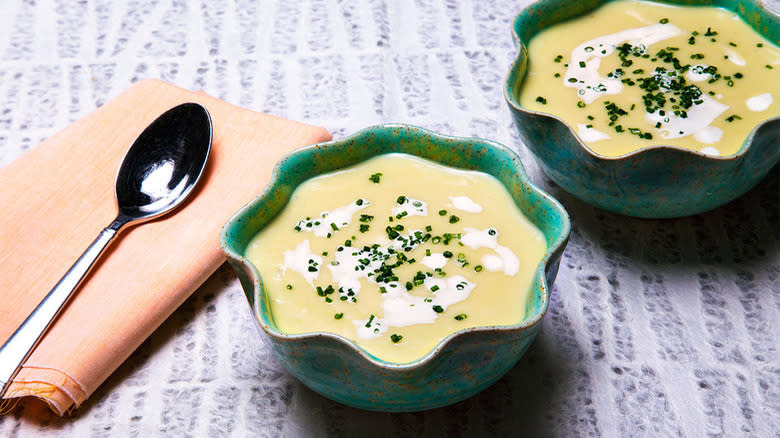 Creamy vichyssoise soup in bowls