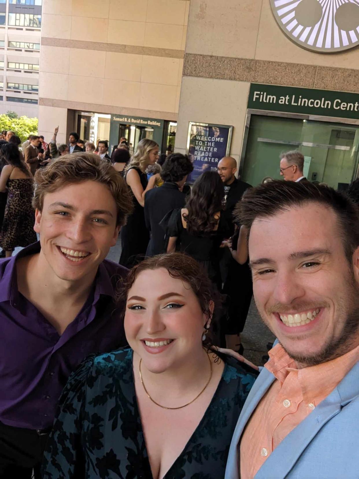 Ben English (right), community engagement and special projects coordinator for the Wharton Center, and Michigan’s Sutton Foster Awards winners Braeden Davis of Kalamazoo and Gretchen Shope of Midland, attended the dress rehearsal and live Tony Awards event in New York City on June 16, 2024.