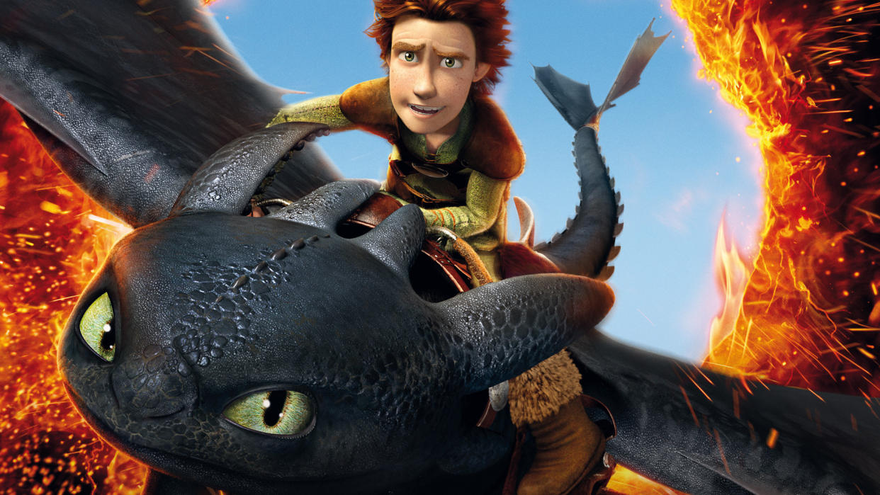  A still from How to Train Your Dragon, showing one of the characters on the dragon Toothless, which is one of our best Prime Video movies. 