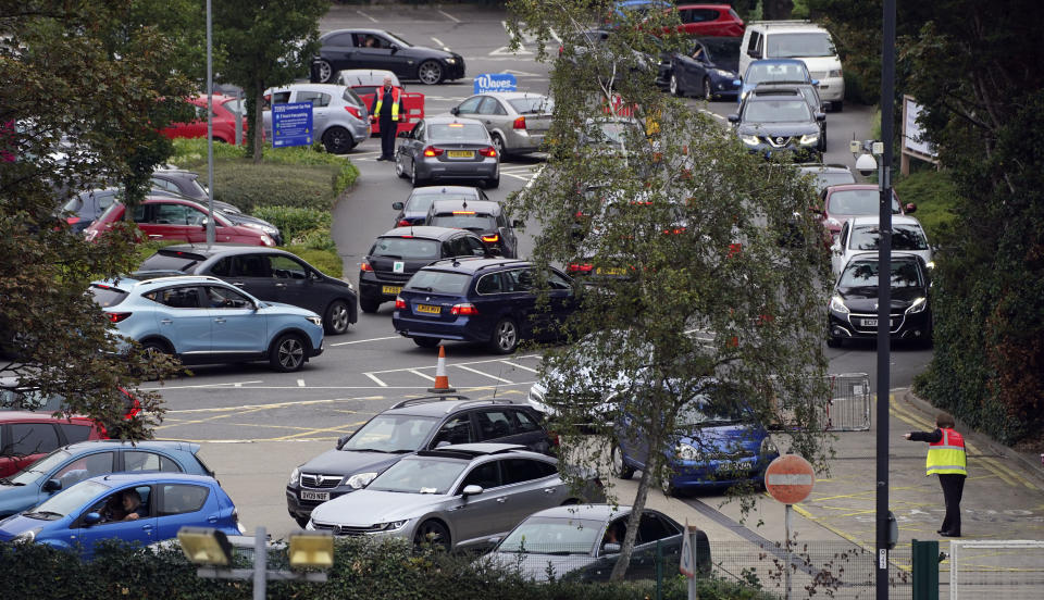 Cars queue outside a Tesco petrol station in Slough, Berkshire. Picture date: Saturday September 25, 2021. (Photo by Steve Parsons/PA Images via Getty Images)