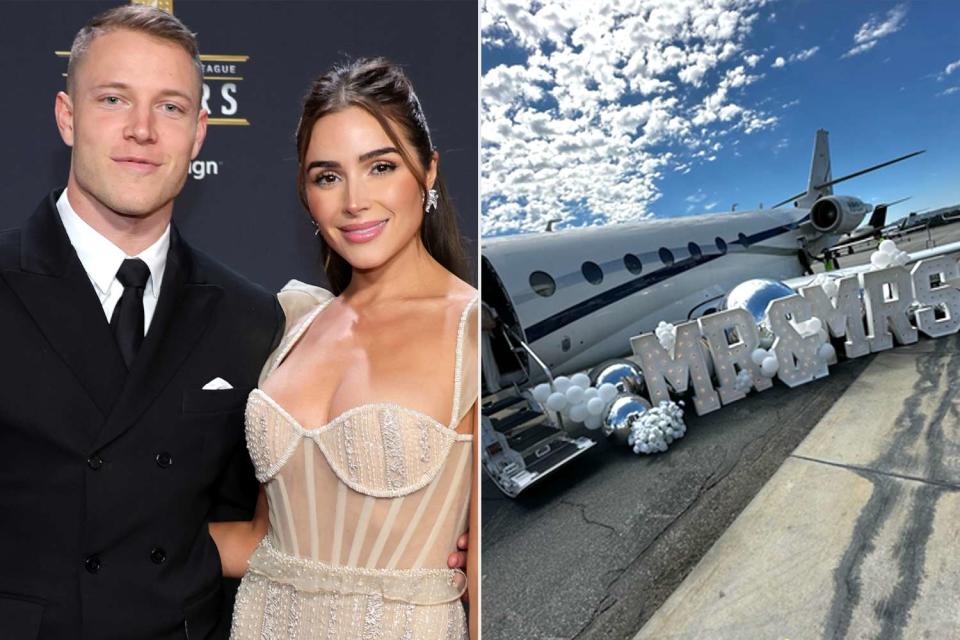 <p>Ethan Miller/Getty Images; Olivia Culpo/Instagram</p> Christian McCaffrey and Olivia Culpo board a private plane to their wedding. 