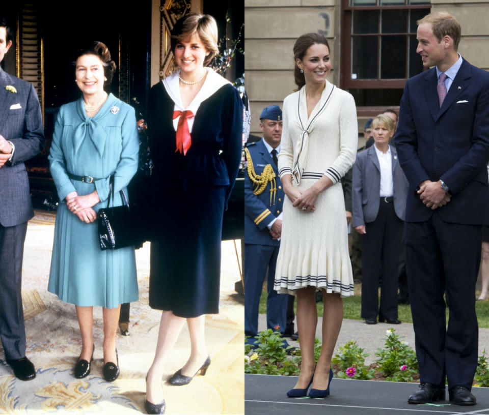 <p>Diana and Kate have both worn nautical style dresses, with Diana doing so in 1981, while Kate wore this Alexander McQueen version in 2011. [Photo: PA/ Getty] </p>