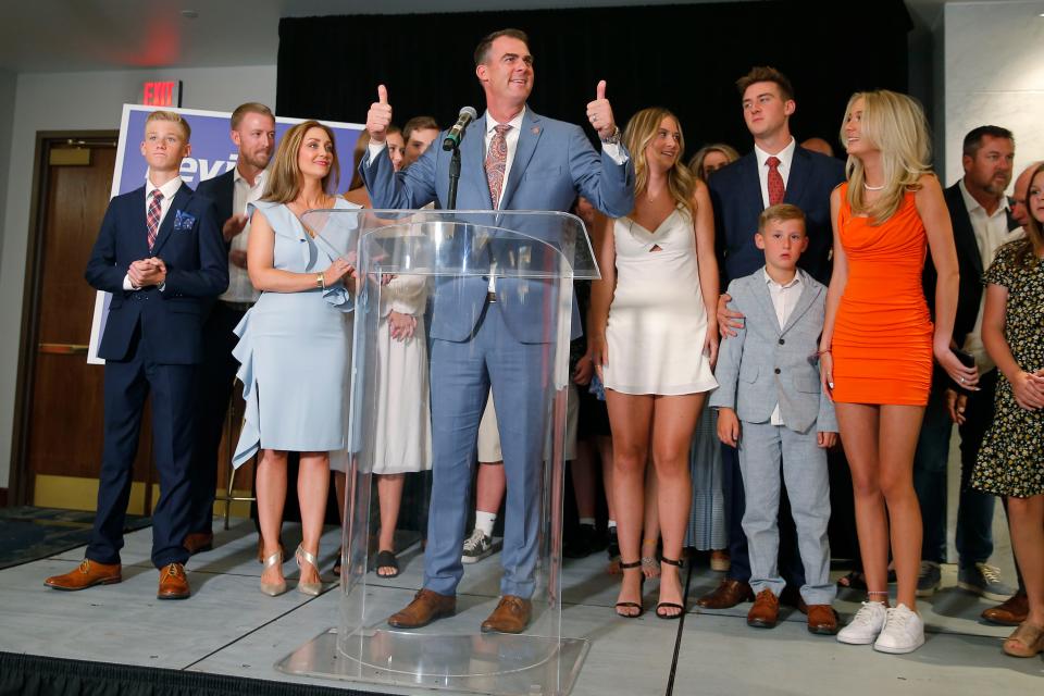 Gov. Kevin Stitt speaks to a crowd after winning the Republican primary for governor during an election watch party June 28, 2022, inside the First National Center in Oklahoma City.