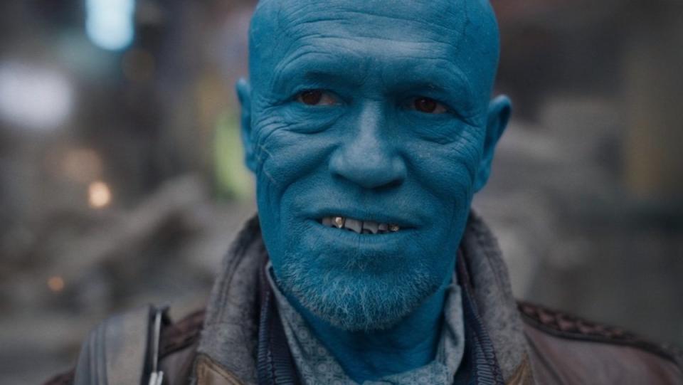 Michael Rooker as blue Yondu smiles in Guardians of the Galaxy Vol. 3