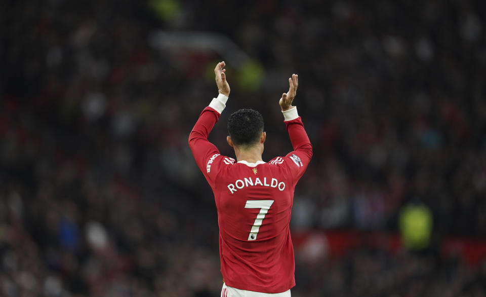 FILE - Manchester United's Cristiano Ronaldo gestures during the English Premier League soccer match between Manchester United and Manchester City at Old Trafford stadium in Manchester, England, Saturday, Nov. 6, 2021. Saudi Arabian soccer club Al Nassr on Friday, Dec. 30, 2022, announced the signing of Ronaldo, ending speculation about the five-time Ballon d'Or winner's future. (AP Photo/Jon Super, File)