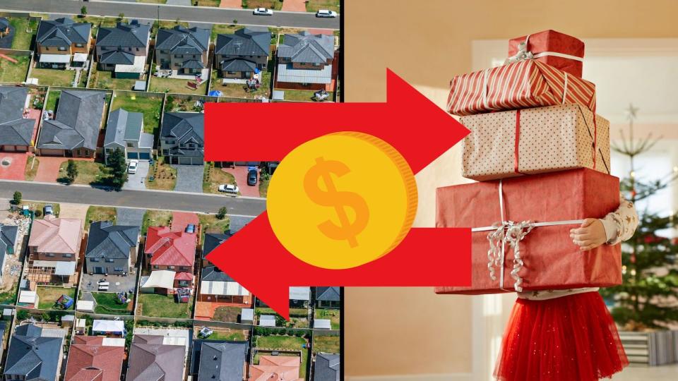 Compilation image of houses to represent home loan, pile of Christmas presents and an arrow each way with a coin on top