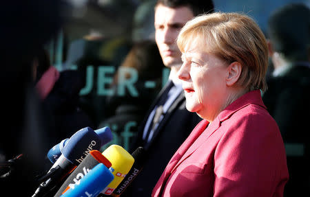 German Chancellor Angela Merkel talks to the media at Christian Democratic Union (CDU) headquarters in Berlin, Germany, November 17, 2017. REUTERS/Axel Schmidt