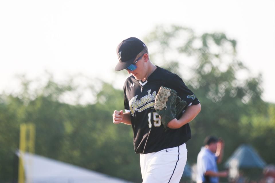 Woodward-Granger's Brody Worley takes the field during a game against Des Moines Christian on Tuesday, June 20, 2023, in Des Moines.