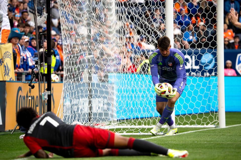 FC Cincinnati goalkeeper Roman Celentano made two saves and recorded his second shutout this week, including FCC's victory over Cavalier. It was the 18th shutout of his career.