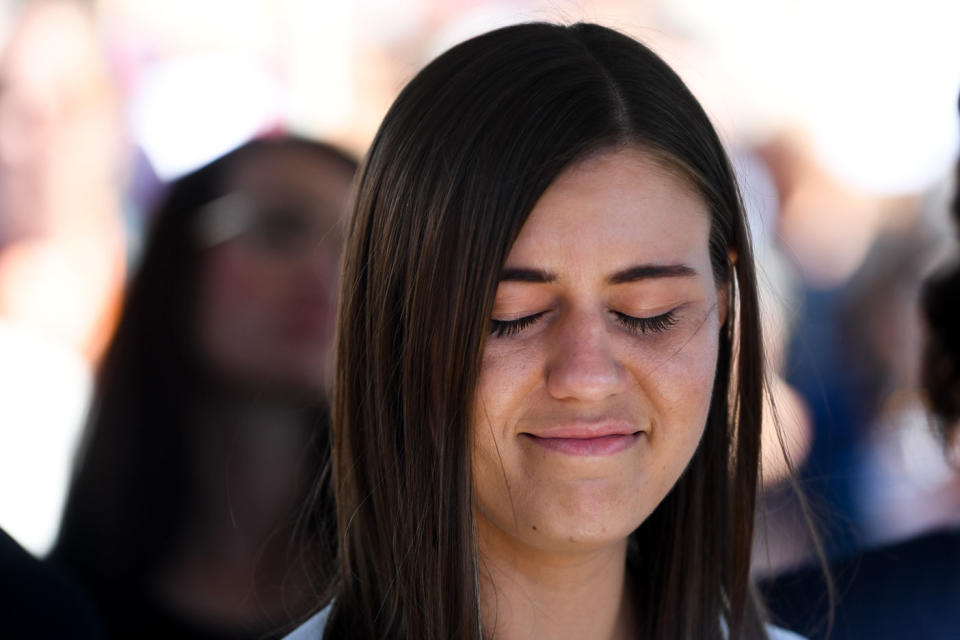 Former Liberal staffer Brittany Higgins reacts as she attends the Women's March 4 Justice in Canberra. Source: AAP