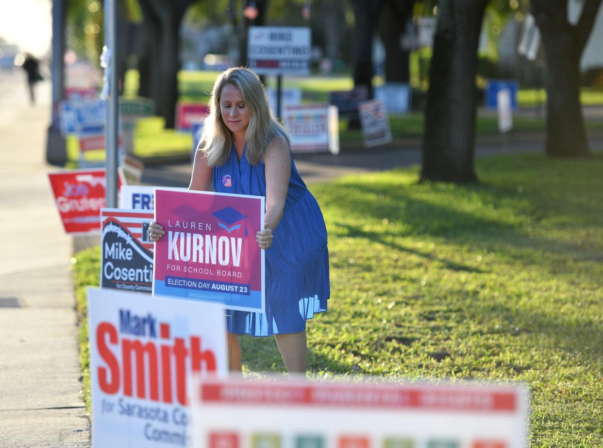 School Board candidate Lauren Kurnov places signs outside the polling place at Church of the Palms early on Aug. 23, 2022. She was defeated by Robyn Marinelli for the District 4 seat. Hopefully, the governor's election squad was not overrun by ex-felons at the polls.
