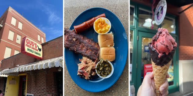 From left to right: Gus's World Famous Fried Chicken, a three-meat combo plate from Central BBQ, and a scoop of red velvet from Margie’s 901 Homemade Ice Cream. (Photo: Caroline Bologna/HuffPost)