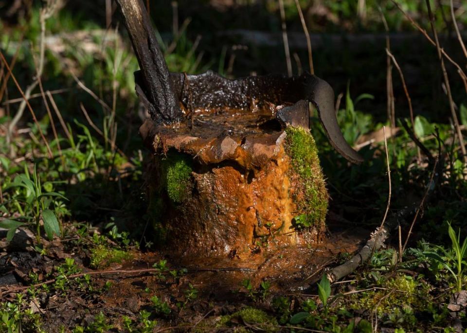 An abandoned well is seen on the property of Cheryl and Joe Thomas in Duke Center, Pa., on April 25, 2023.