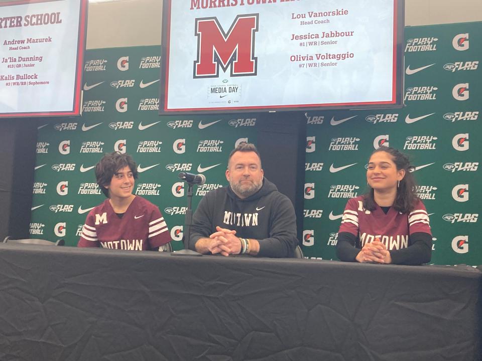 Morristown flag football coach Lou Vanorskie and seniors Olivia Voltaggio and Jessica Jabbour speak at the New York Jets' media day on Feb. 22, 2024 at MetLife Stadium.