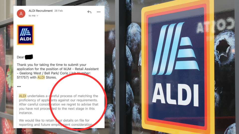 A composite image of the Aldi logo and the rejection email sent to an applicant.