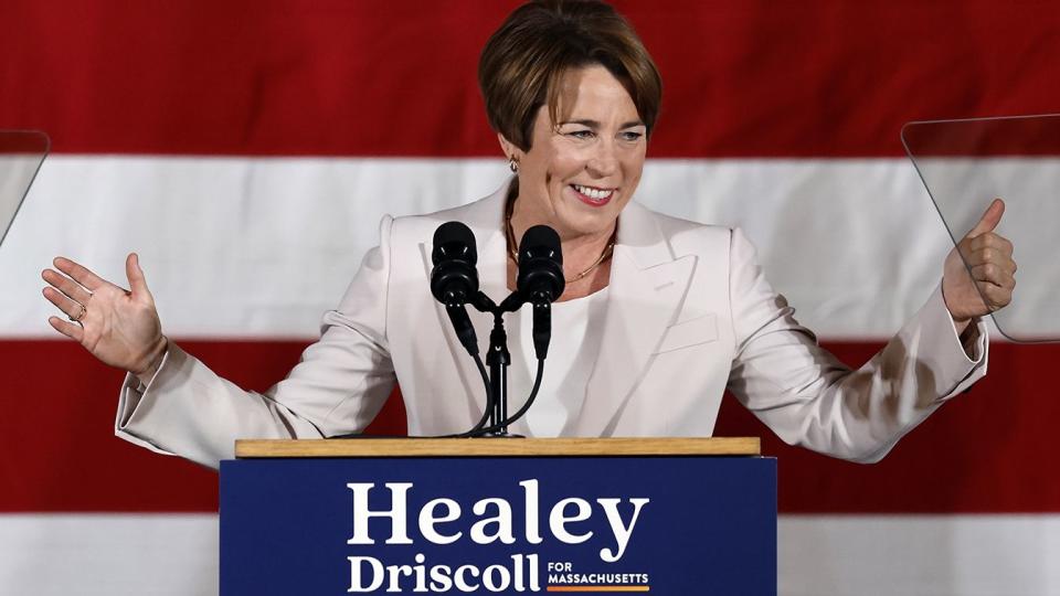 FILE - Massachusetts Gov.-elect Maura Healey speaks during a Democratic election night party Tuesday, Nov. 8, 2022, in Boston. (AP Photo/Michael Dwyer, File)