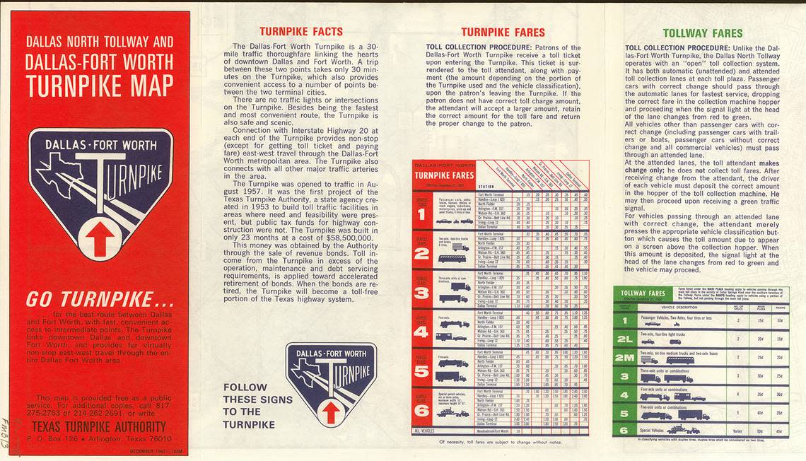 A brochure for the Dallas-Fort Worth Turnpike and Dallas North Tollway, dated December 1967.