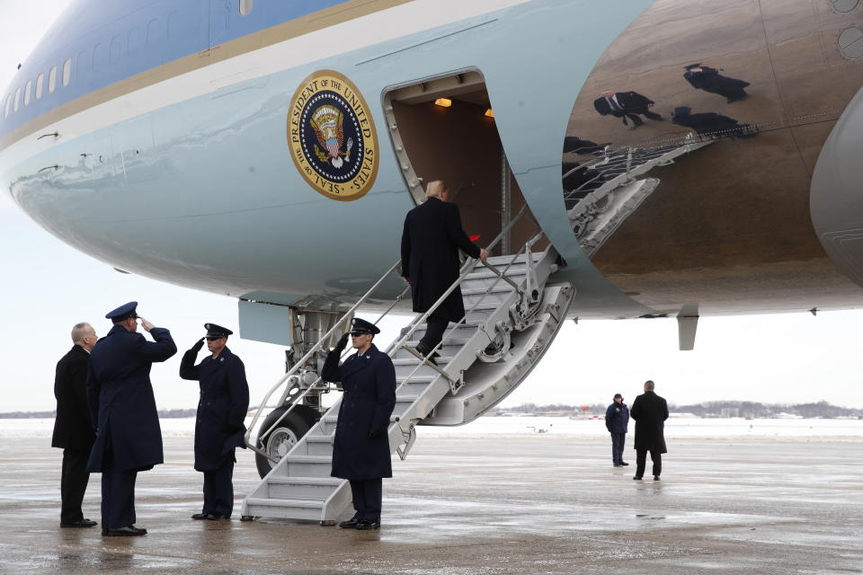 President Donald Trump boards Air Force One at Andrews Air Force Base, Md., Monday Jan. 14, 2019, en route to New Orleans. (AP Photo/Jacquelyn Martin)