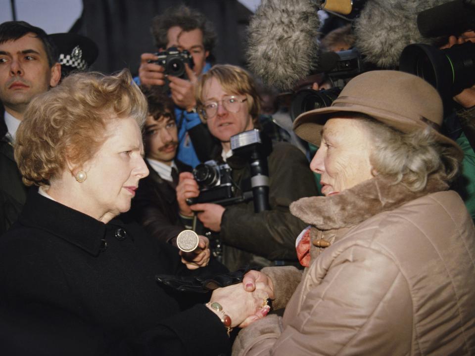 British Prime Minister Margaret Thatcher talks to local residents in the town of Lockerbie, Scotland, shortly after the bombing of Pan Am Flight 103, December 1988.