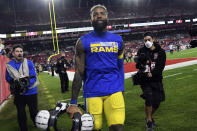 Los Angeles Rams wide receiver Odell Beckham Jr. (3) celebrates after the team defeateed the Tampa Bay Buccaneers during an NFL divisional round playoff football game Sunday, Jan. 23, 2022, in Tampa, Fla. (AP Photo/Jason Behnken)