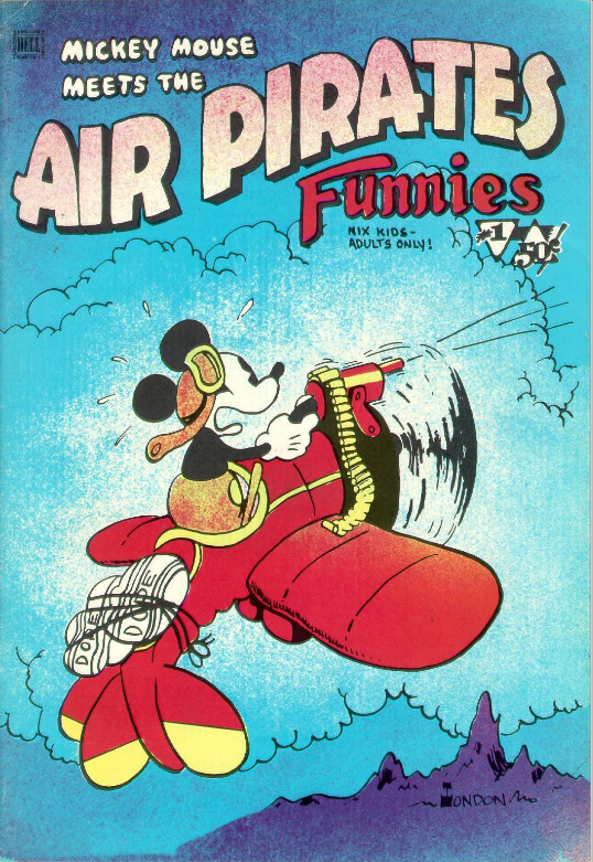 The cover of the Air Pirates Funnies, an underground comic issued in 1971, depicting Mickey Mouse as a drug smuggler.