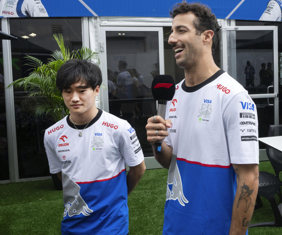 Visa Cash F1 drivers Yuki Tsunoda, left, from Japan, and Daniel Ricciardo, from Australia, speak to the media at the Canadian Grand Prix auto race Thursday, June 6, 2024, in Montreal. (Ryan Remiorz/The Canadian Press via AP)