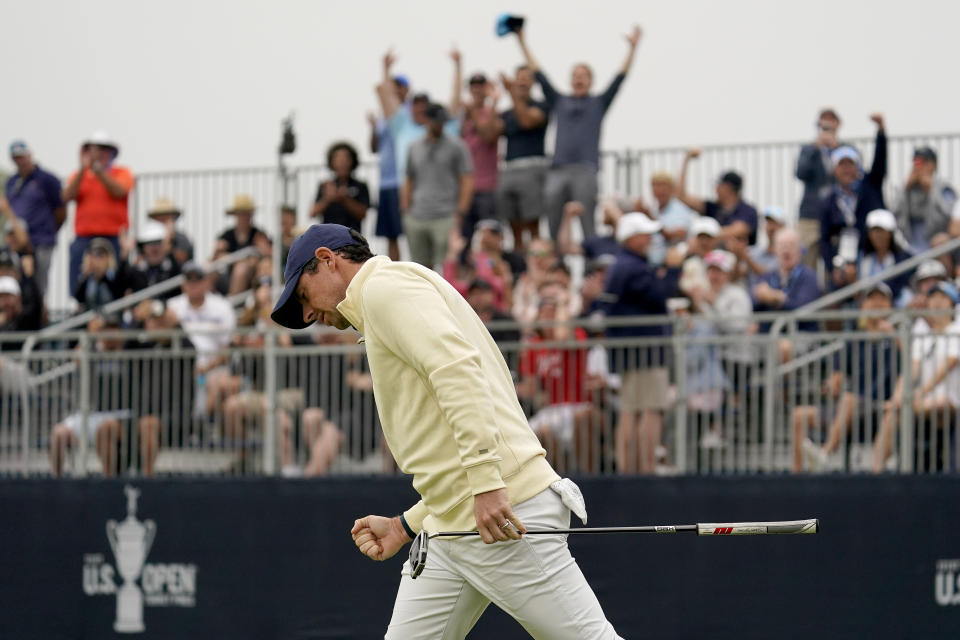 Rory McIlroy, of Northern Ireland, pumps his fist after making his putt on the 13th green during the second round of the U.S. Open Golf Championship, Friday, June 18, 2021, at Torrey Pines Golf Course in San Diego. (AP Photo/Gregory Bull)