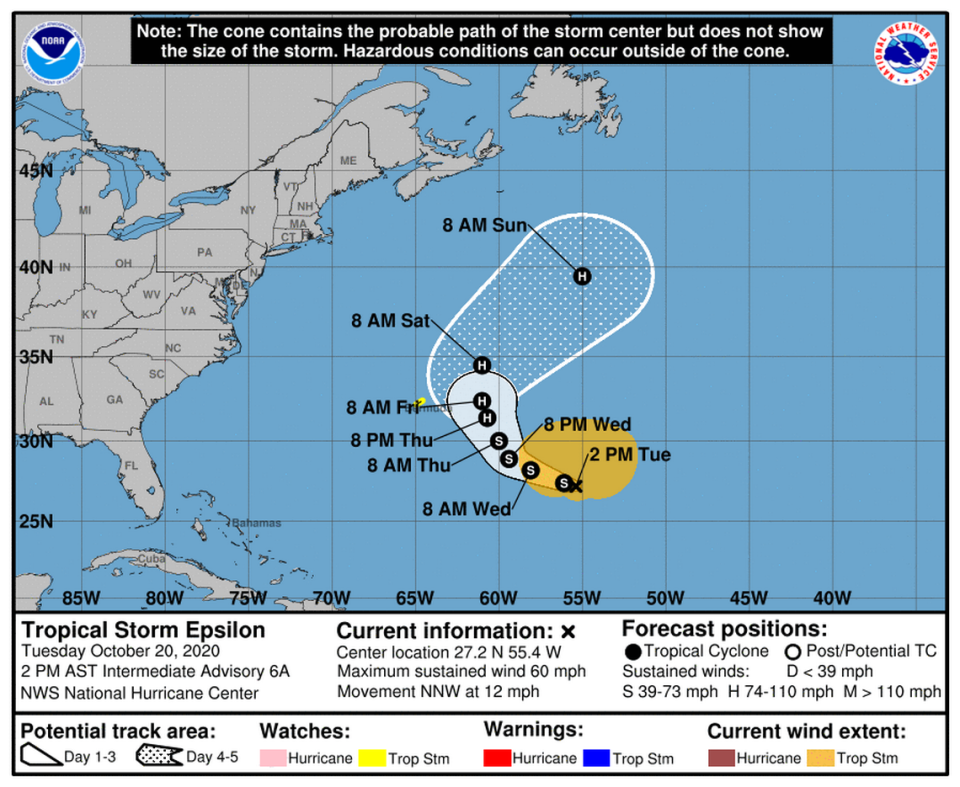 Tropical Storm Epsilon is strengthening and could become a Category 1 hurricane as soon as Thursday.